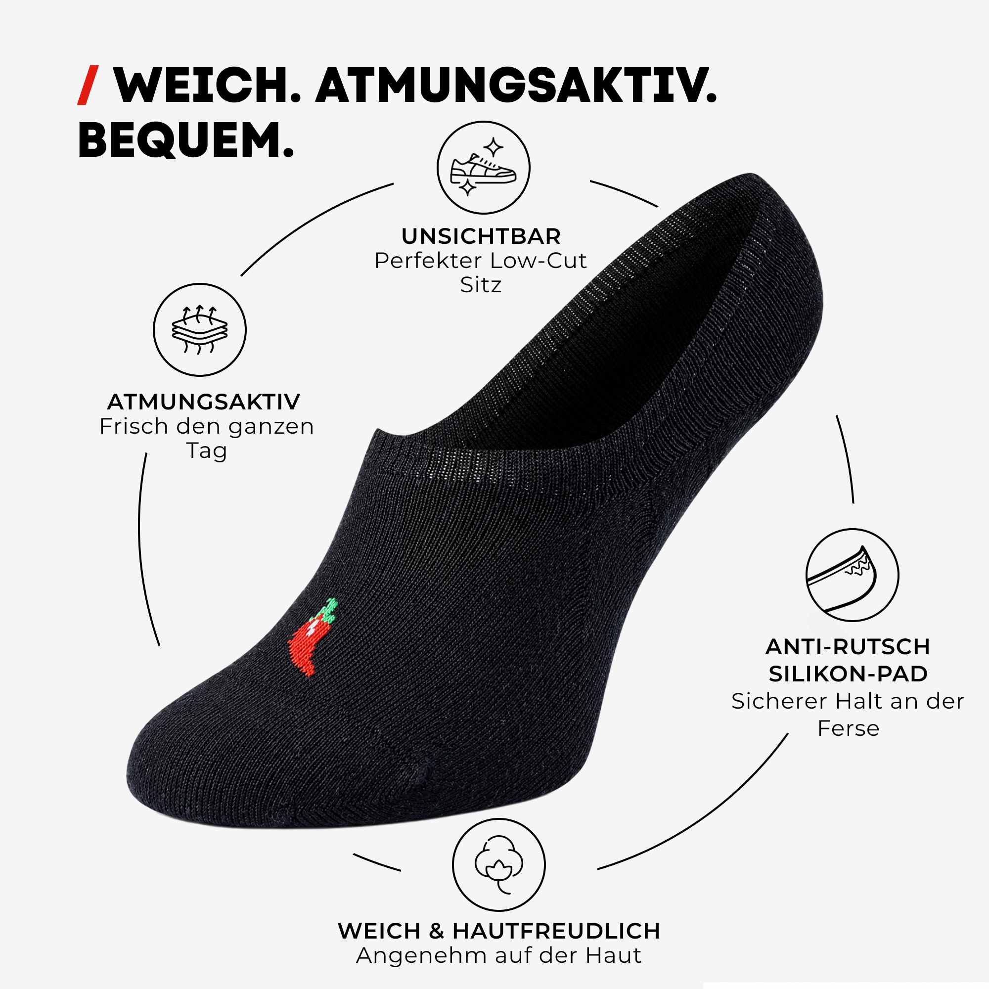 ChiliLifestyle Footies Silicon Sneaker Schwarz, 3 Paar, für Damen und Herren