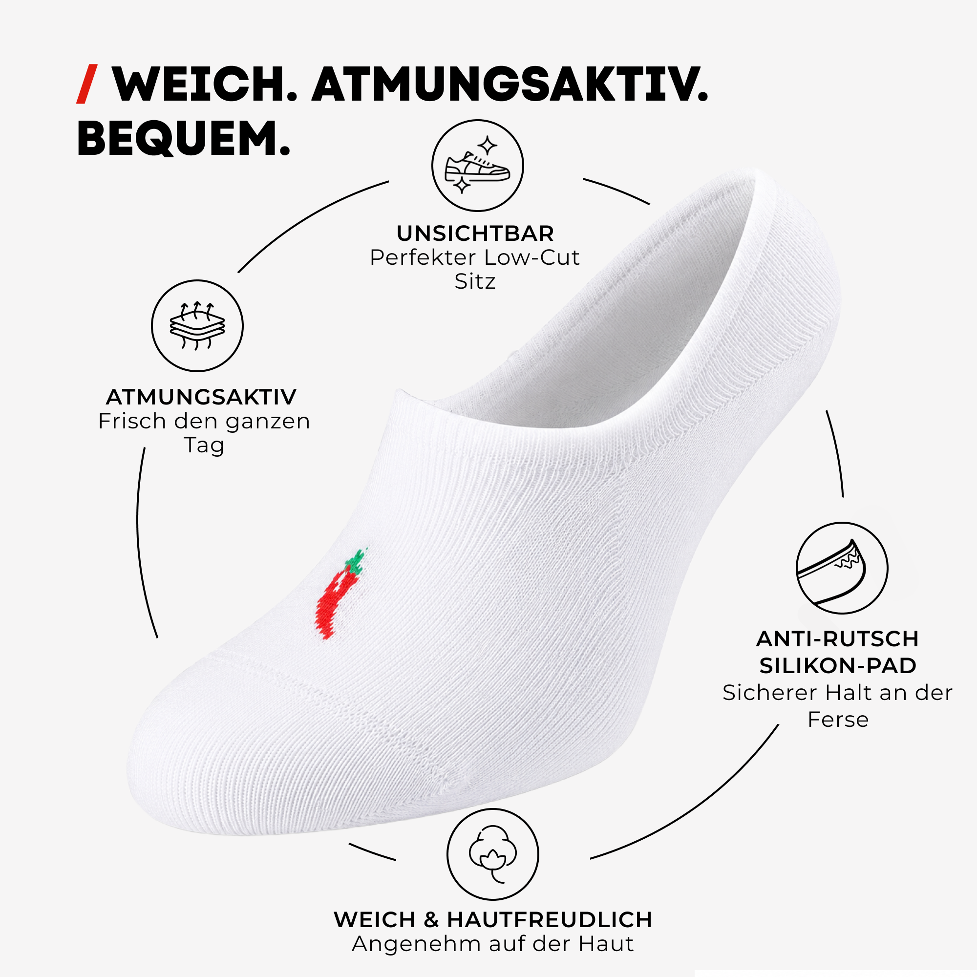 ChiliLifestyle Footies Silicon Sneaker weiß, 3 Paar, für Damen und Herren