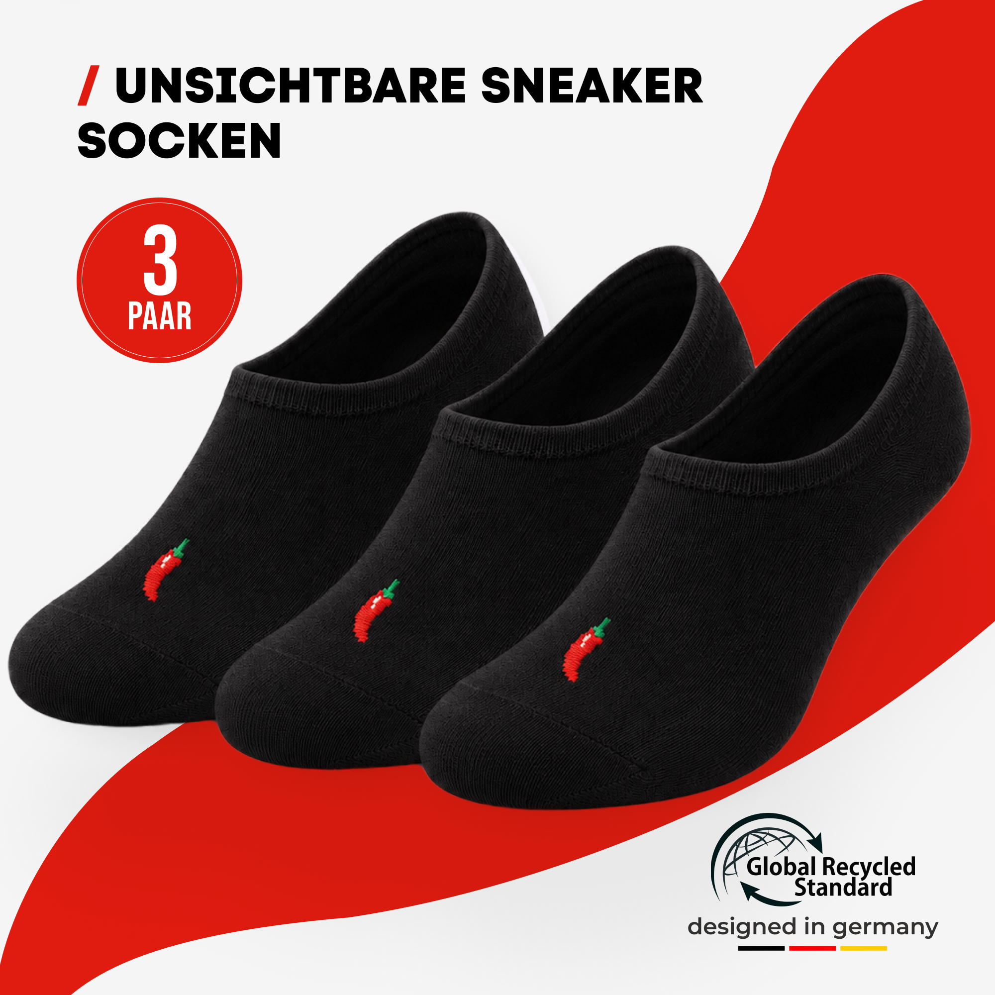 ChiliLifestyle Footies Silicon Sneaker Schwarz, 3 Paar, für Damen und Herren