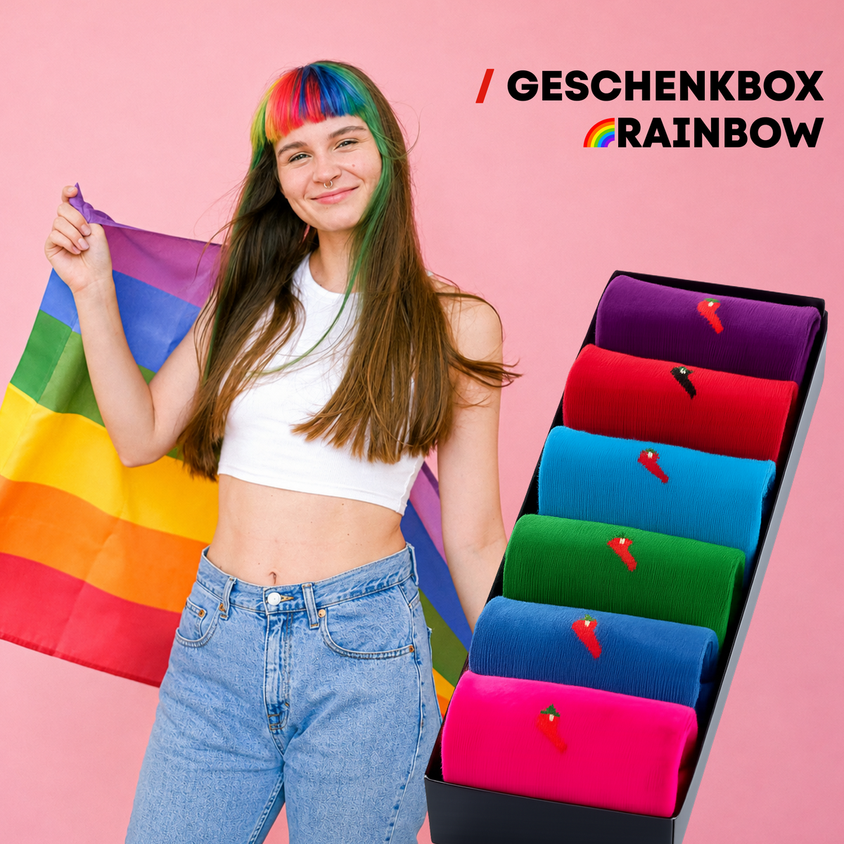 Rainbow Geschenkbox 6 Paar Socken Baumwolle Weichbund