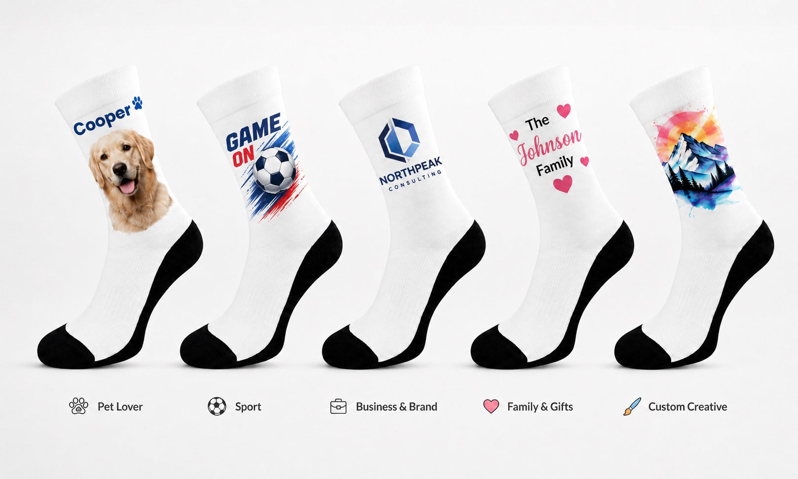 Individuelle Socken fĂĽr Haustiere, Sport, Unternehmen, Familie und kreative Designs