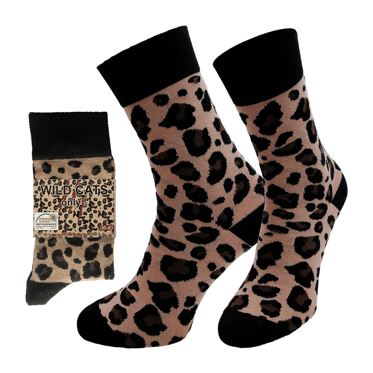 Lustige Damen Socken „WILD CAT“ im Leo-Print | Mit Spruch-Banderole (1 Paar)