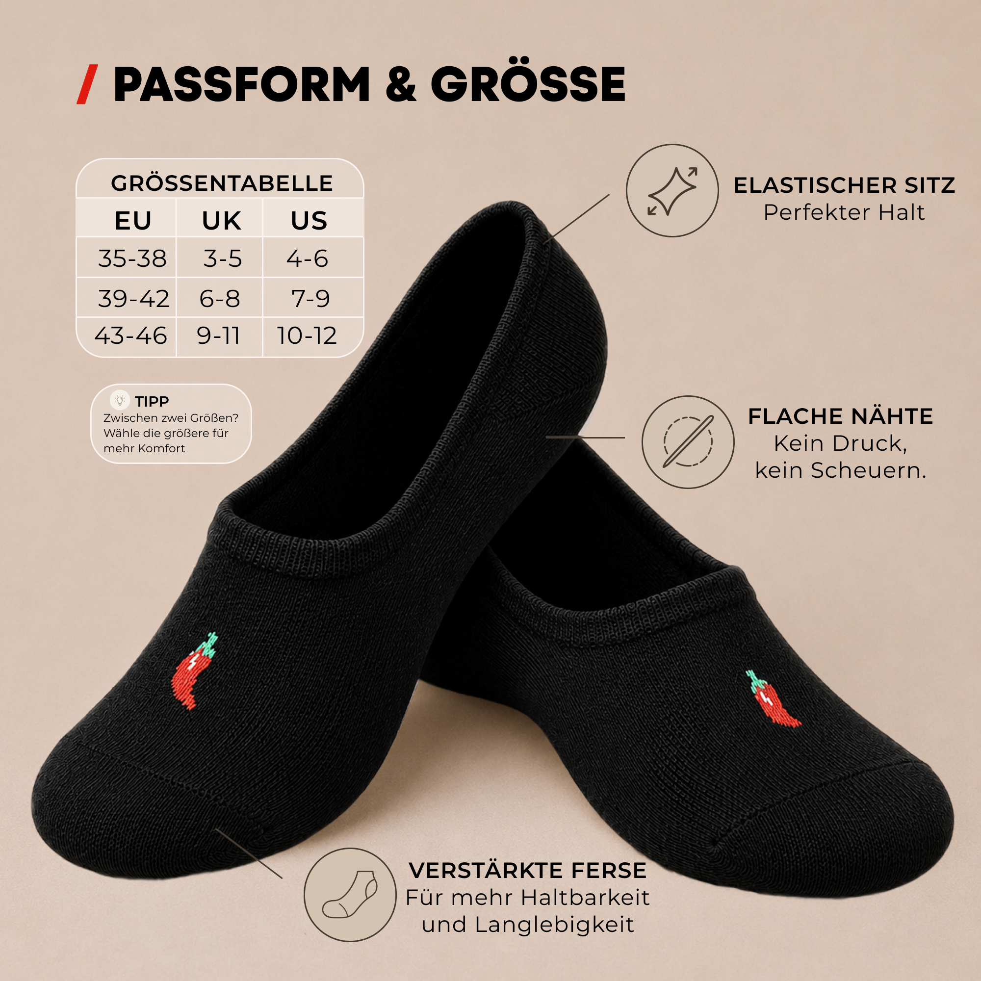 ChiliLifestyle Footies Silicon Sneaker Schwarz, 3 Paar, für Damen und Herren